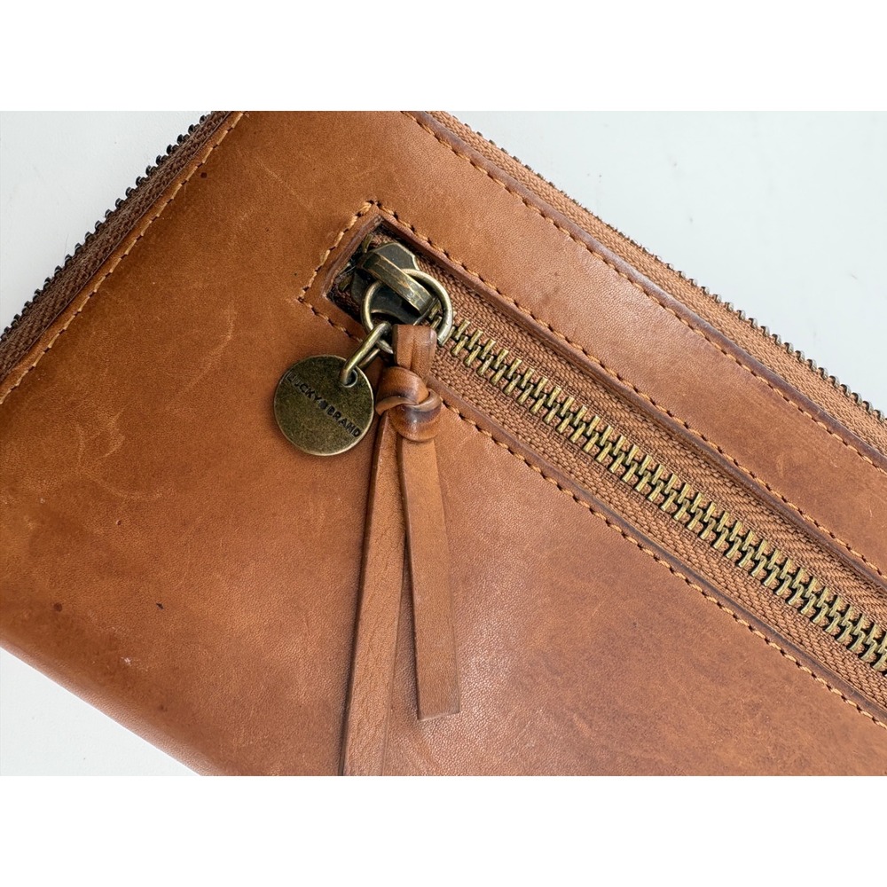 Lucky Brand Leather Zip Around Wristlet Wallet Cognac Brown
